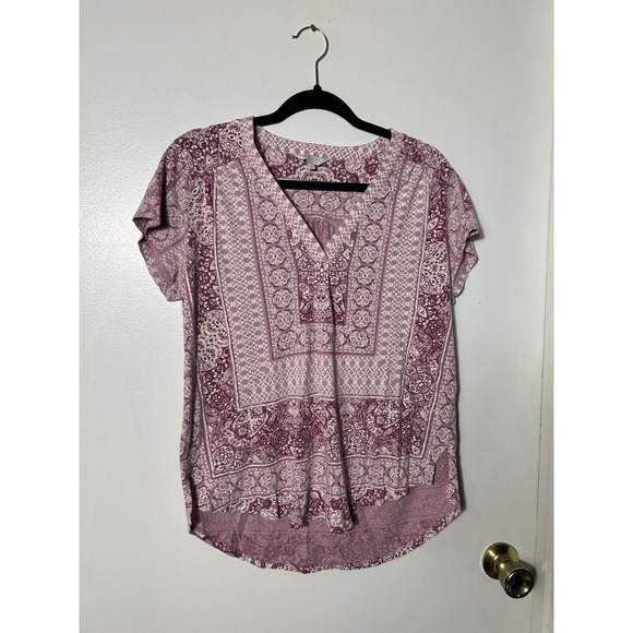 Lucky Brand Large L Pink Medallion Boho V-Neck Hi-Low Short Sleeve Blouse Top - Picture 3 of 7